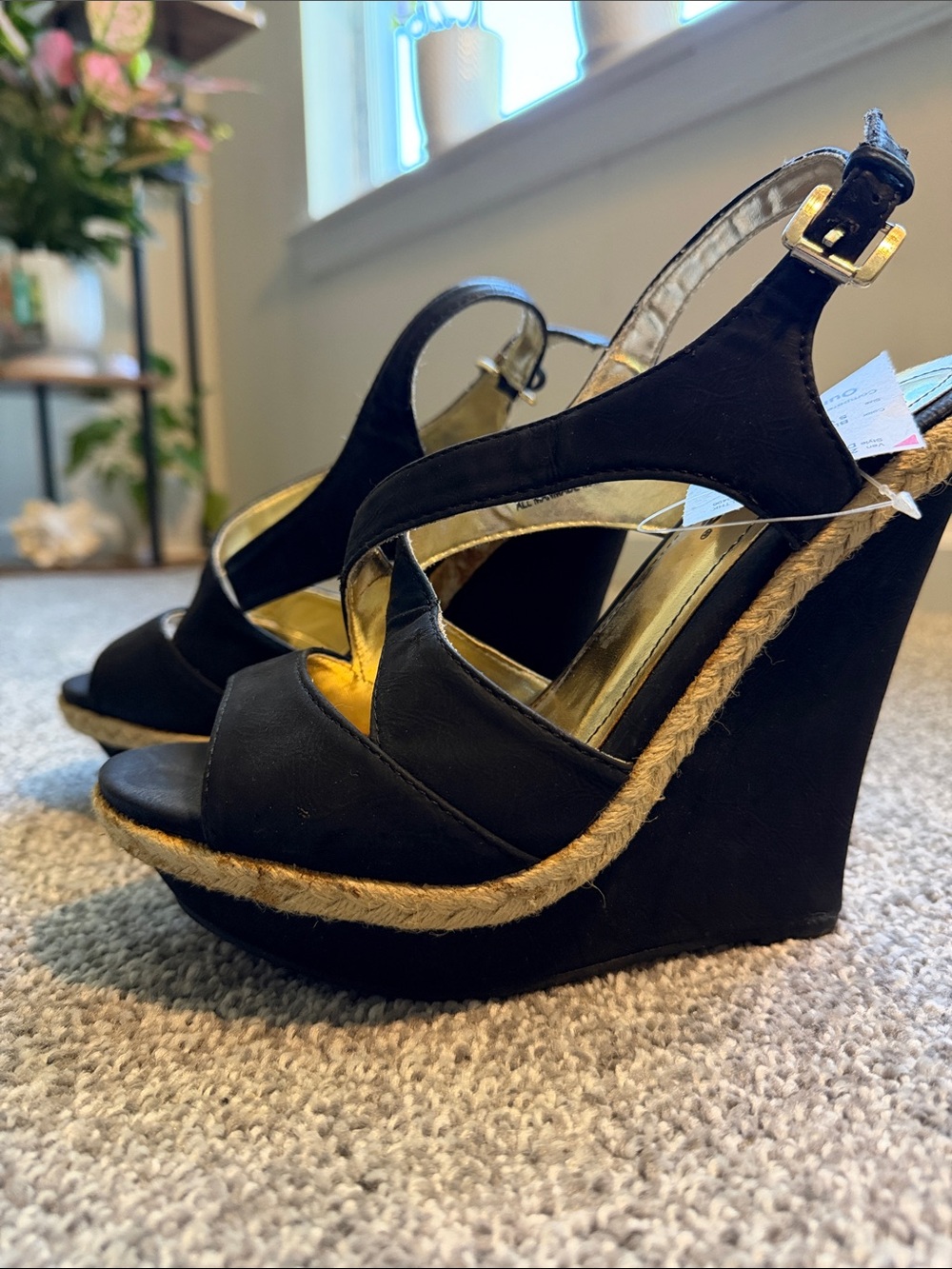 Black Wedges with Raffia Detail
